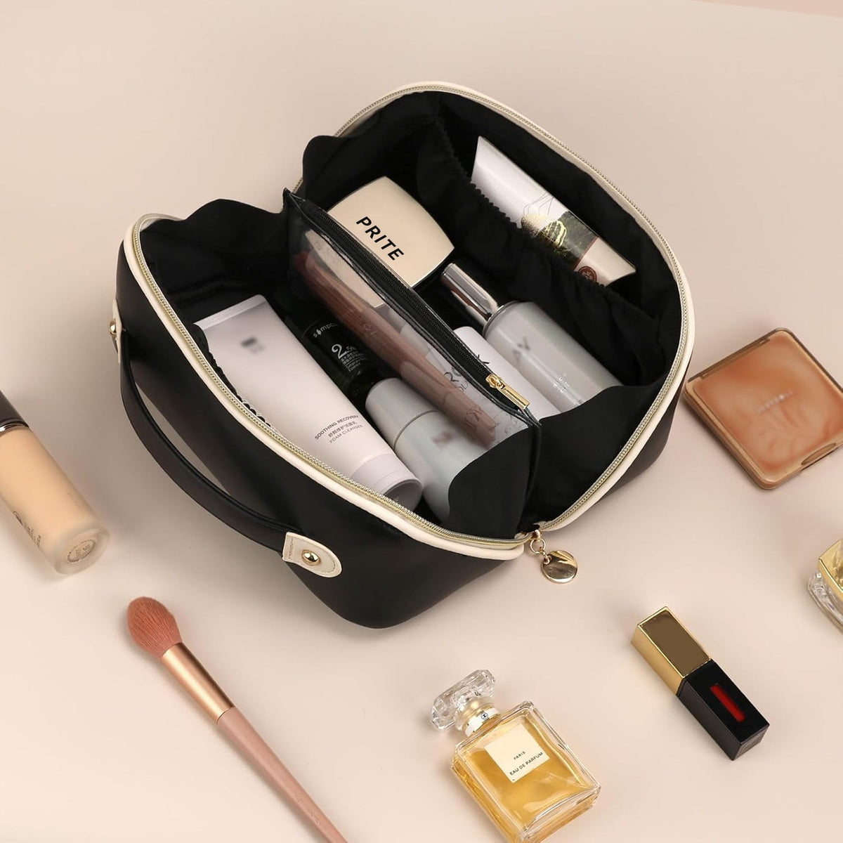 Prite Kosmetiktasche Reise Make Up Tasche mit Pinsel-Fächer, Beige, L