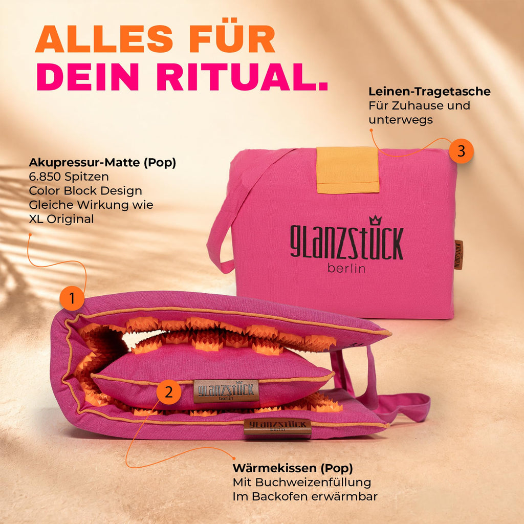 Glanzstück Berlin® Akupressurmatte XL – Set mit Kissen, Tragetasche & Reise-Rosette, 6.850 Blütenspitzen für Rücken, Nacken & Ganzkörper | 72 × 42 cm | Designed in Berlin