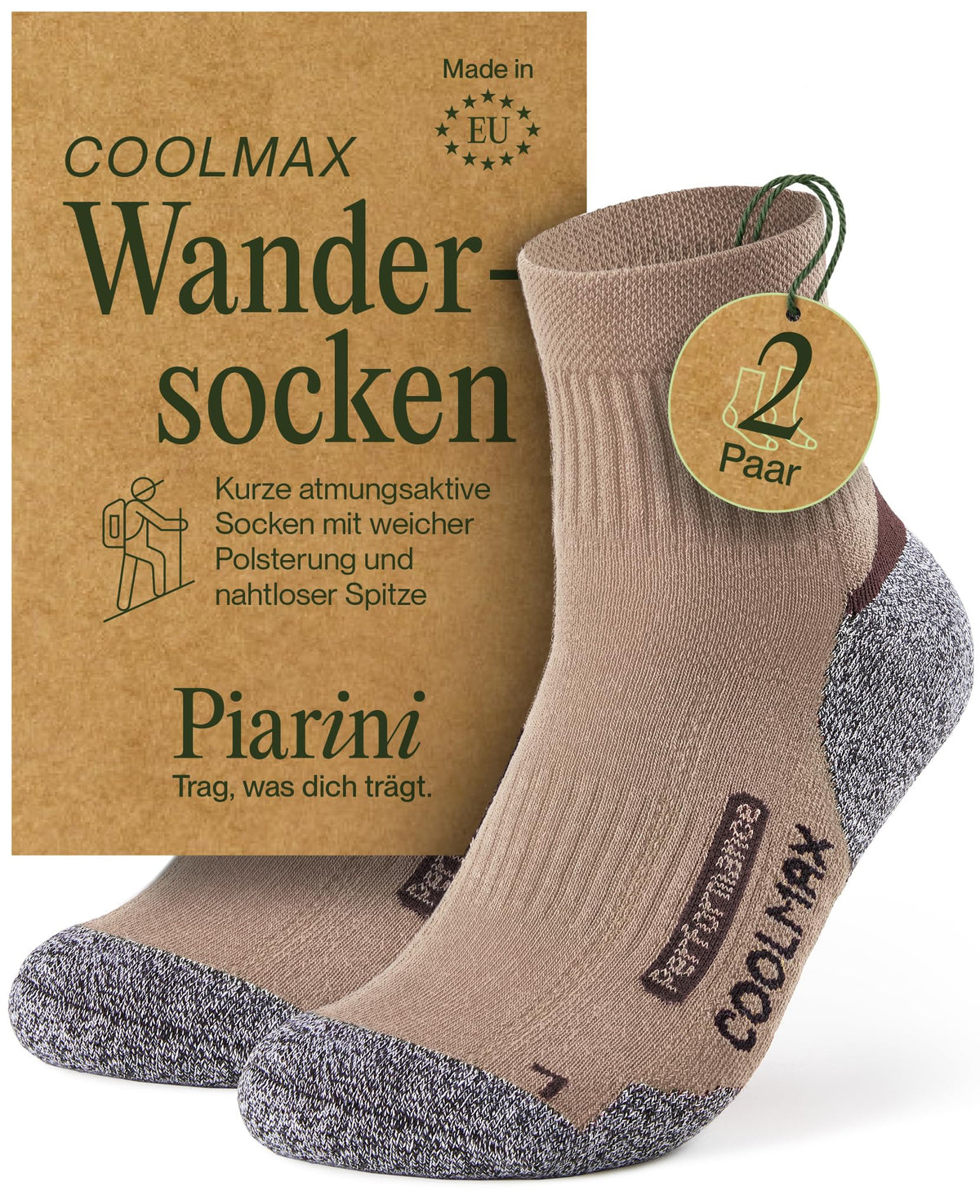 Piarini 2 Paar Coolmax Wandersocken Sommer Kurz, Atmungsaktiv, Anti Blasen & Geposltert - Outdoor Trekkingsocken Damen Herren - Gr. 35-38 bis 47-50