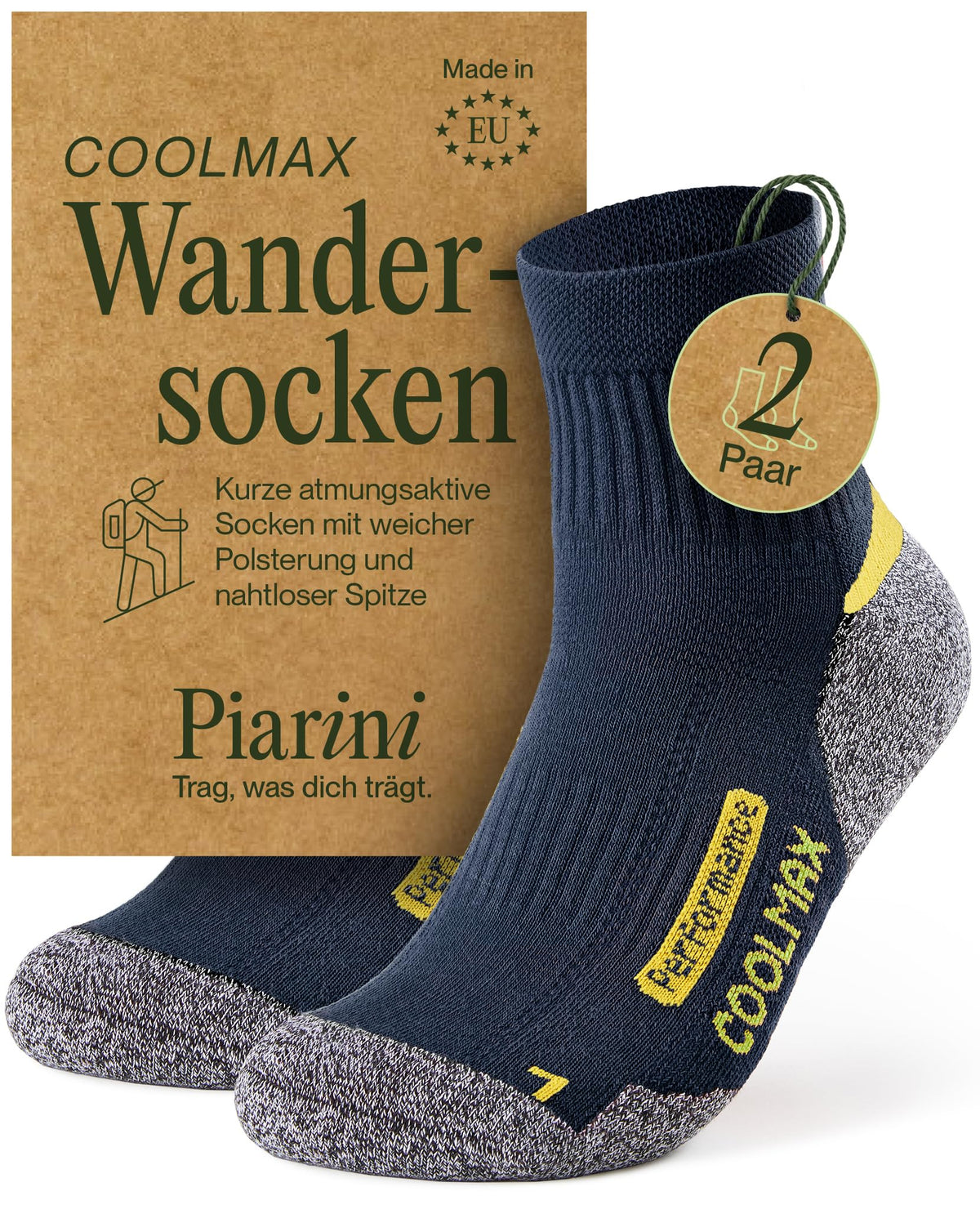 Piarini 2 Paar Coolmax Wandersocken Sommer Kurz, Atmungsaktiv, Anti Blasen & Geposltert - Outdoor Trekkingsocken Damen Herren - Gr. 35-38 bis 47-50
