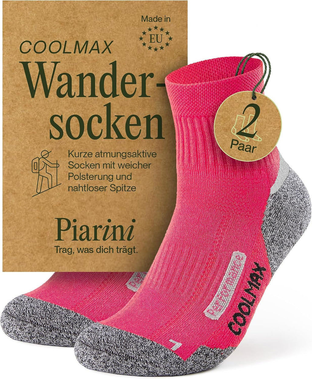 Piarini 2 Paar Coolmax Wandersocken Sommer Kurz, Atmungsaktiv, Anti Blasen & Geposltert - Outdoor Trekkingsocken Damen Herren - Gr. 35-38 bis 47-50