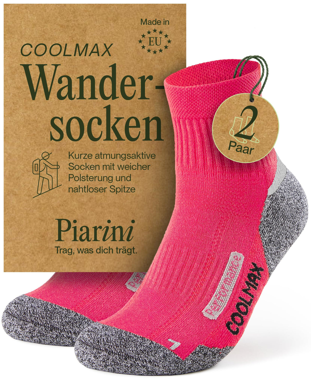 Piarini 2 Paar Coolmax Wandersocken Sommer Kurz, Atmungsaktiv, Anti Blasen & Geposltert - Outdoor Trekkingsocken Damen Herren - Gr. 35-38 bis 47-50