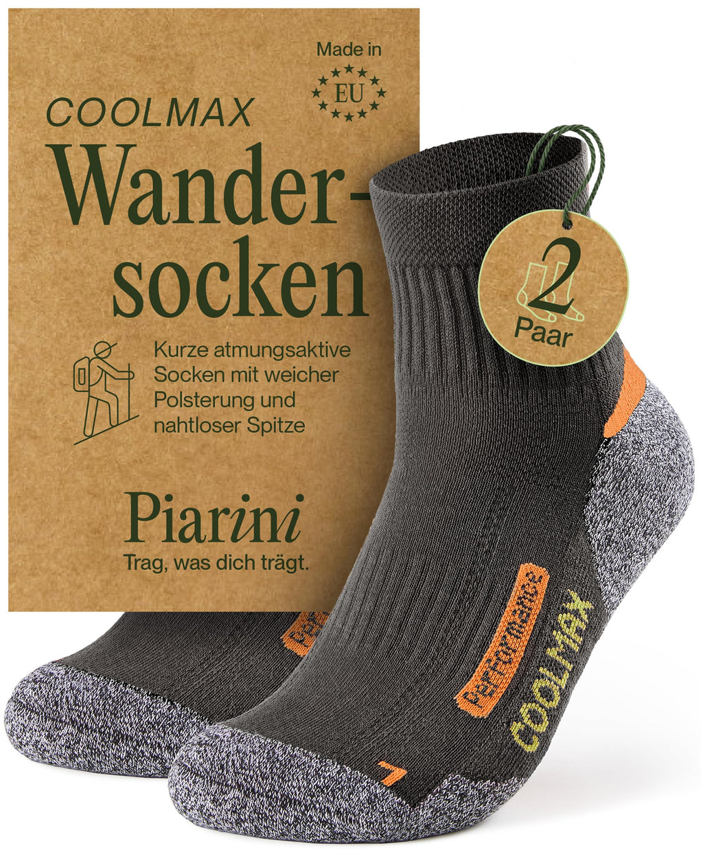Piarini 2 Paar Coolmax Wandersocken Sommer Kurz, Atmungsaktiv, Anti Blasen & Geposltert - Outdoor Trekkingsocken Damen Herren - Gr. 35-38 bis 47-50