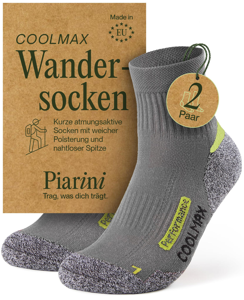 Piarini 2 Paar Coolmax Wandersocken Sommer Kurz, Atmungsaktiv, Anti Blasen & Geposltert - Outdoor Trekkingsocken Damen Herren - Gr. 35-38 bis 47-50