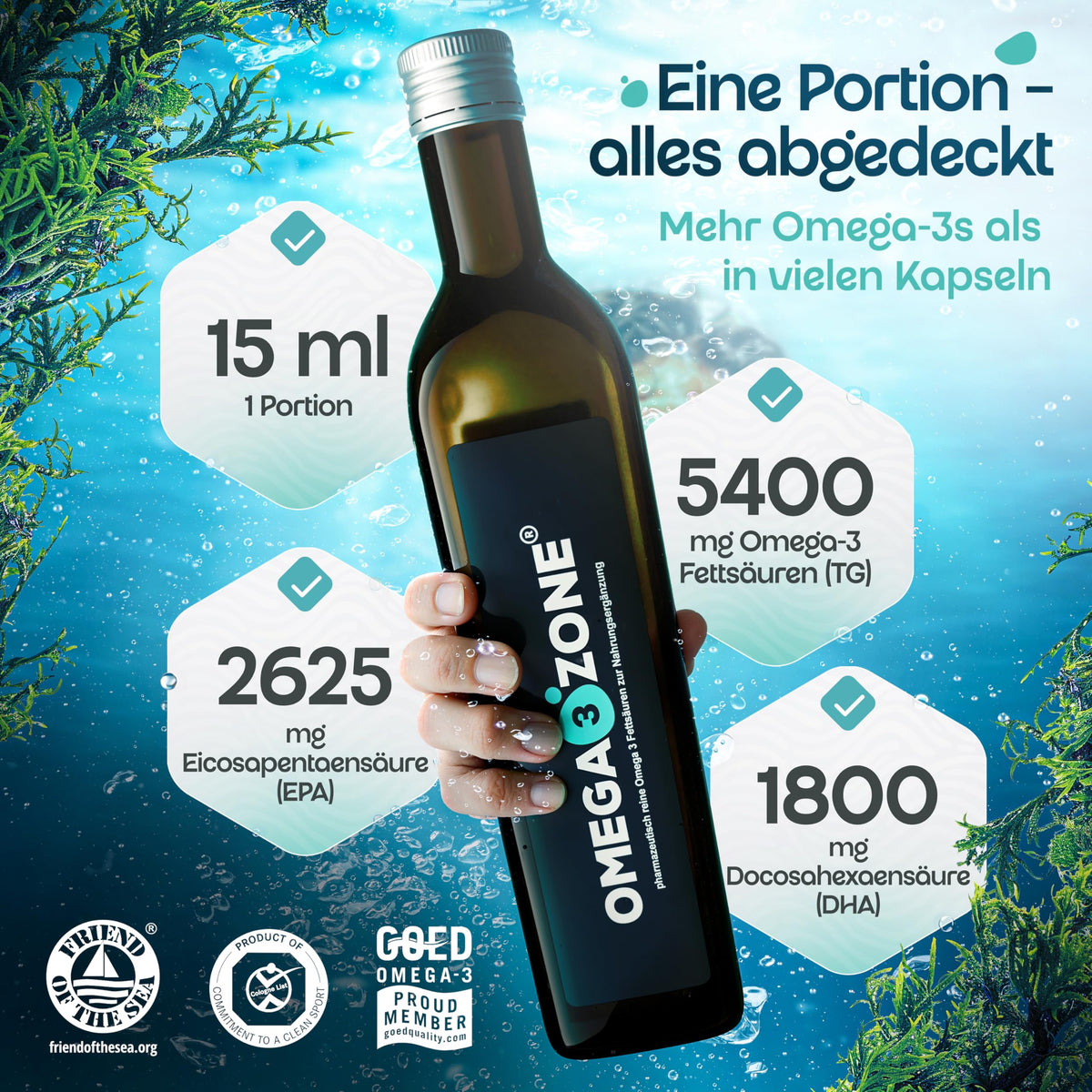 omega3zone Omega 3 Fischöl flüssig | 5400 mg pro Portion | Zitrone