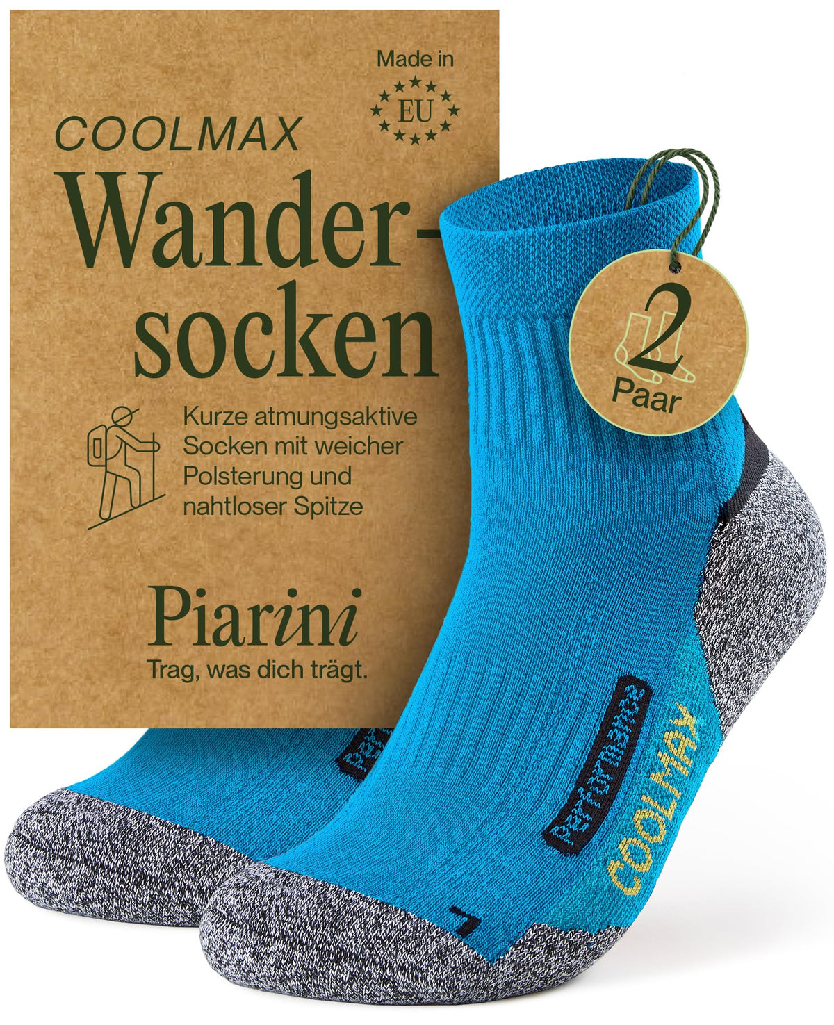Piarini 2 Paar Coolmax Wandersocken Sommer Kurz, Atmungsaktiv, Anti Blasen & Geposltert - Outdoor Trekkingsocken Damen Herren - Gr. 35-38 bis 47-50