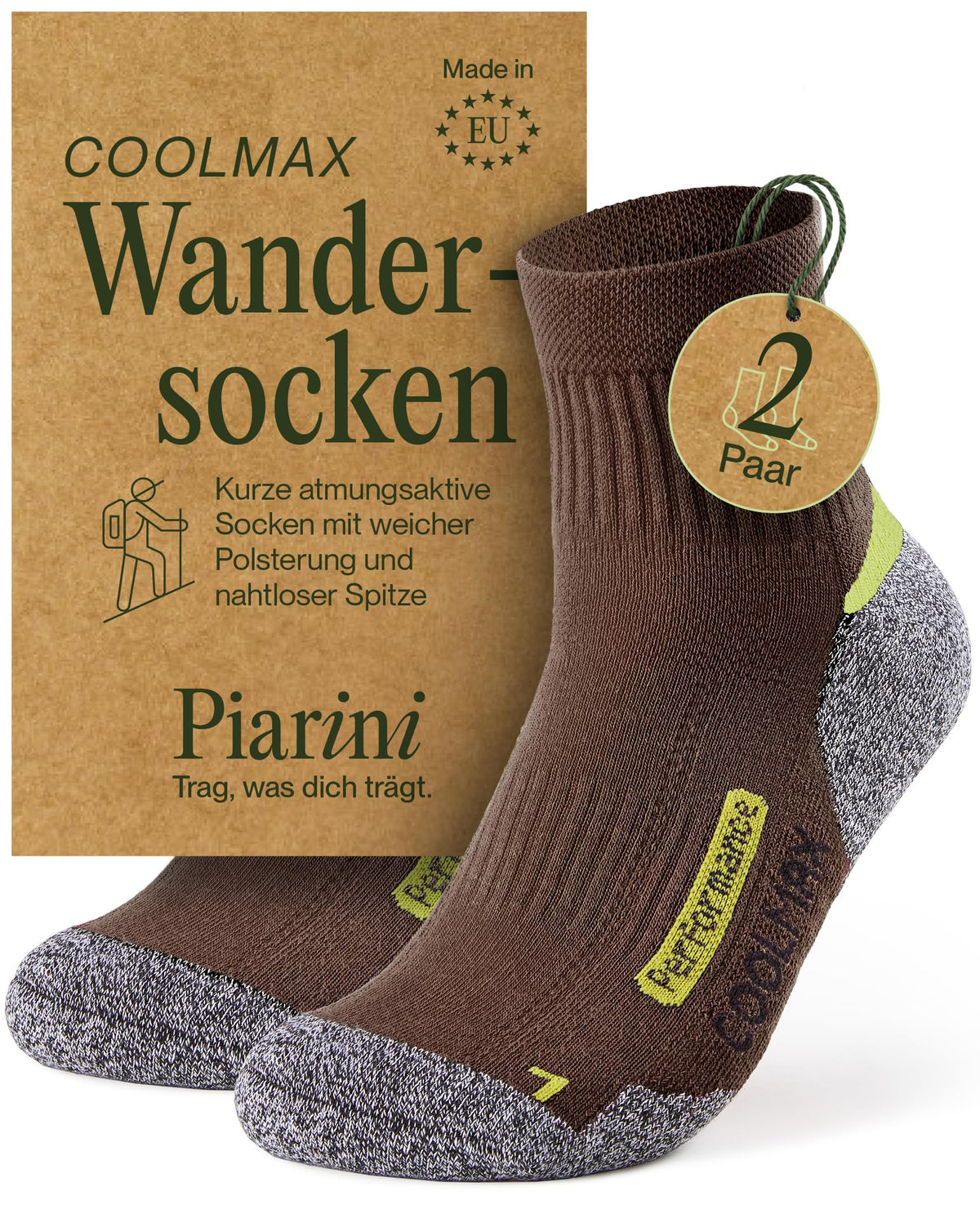 Piarini 2 Paar Coolmax Wandersocken Sommer Kurz, Atmungsaktiv, Anti Blasen & Geposltert - Outdoor Trekkingsocken Damen Herren - Gr. 35-38 bis 47-50