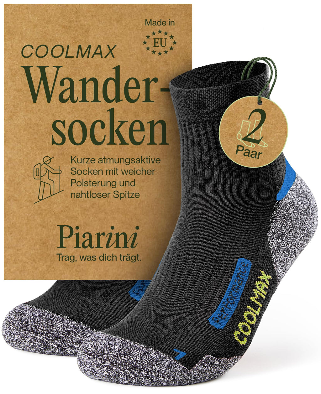 Piarini 2 Paar Coolmax Wandersocken Sommer Kurz, Atmungsaktiv, Anti Blasen & Geposltert - Outdoor Trekkingsocken Damen Herren - Gr. 35-38 bis 47-50