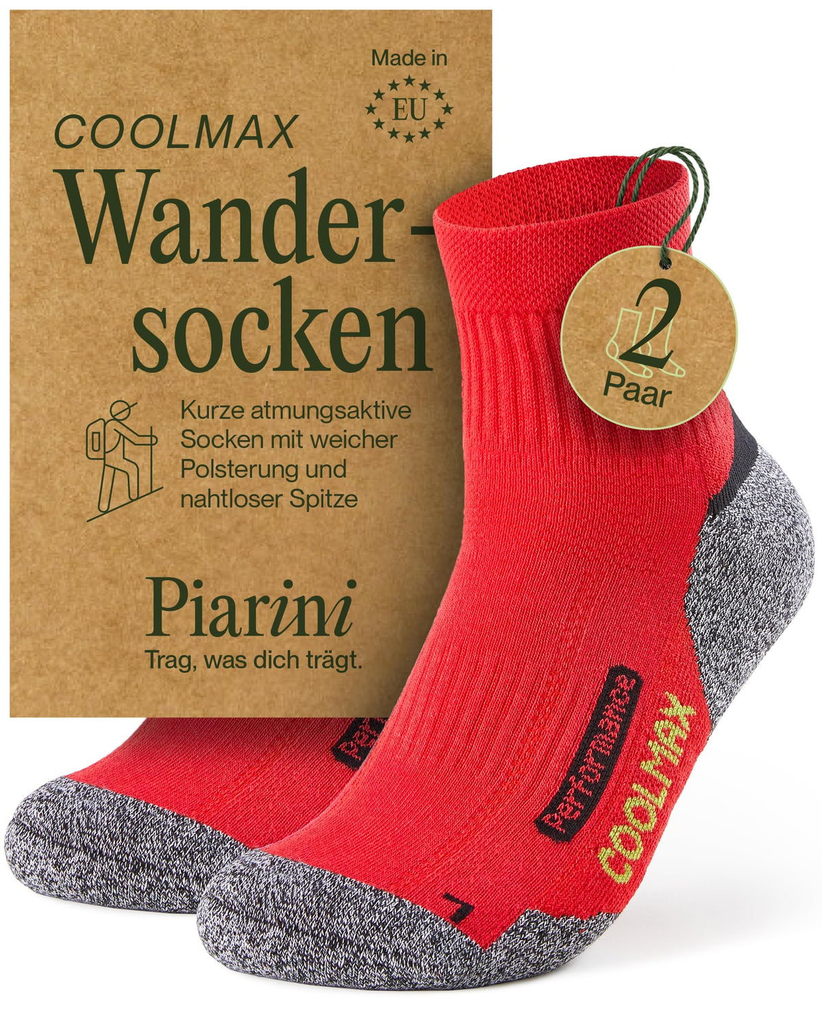Piarini 2 Paar Coolmax Wandersocken Sommer Kurz, Atmungsaktiv, Anti Blasen & Geposltert - Outdoor Trekkingsocken Damen Herren - Gr. 35-38 bis 47-50